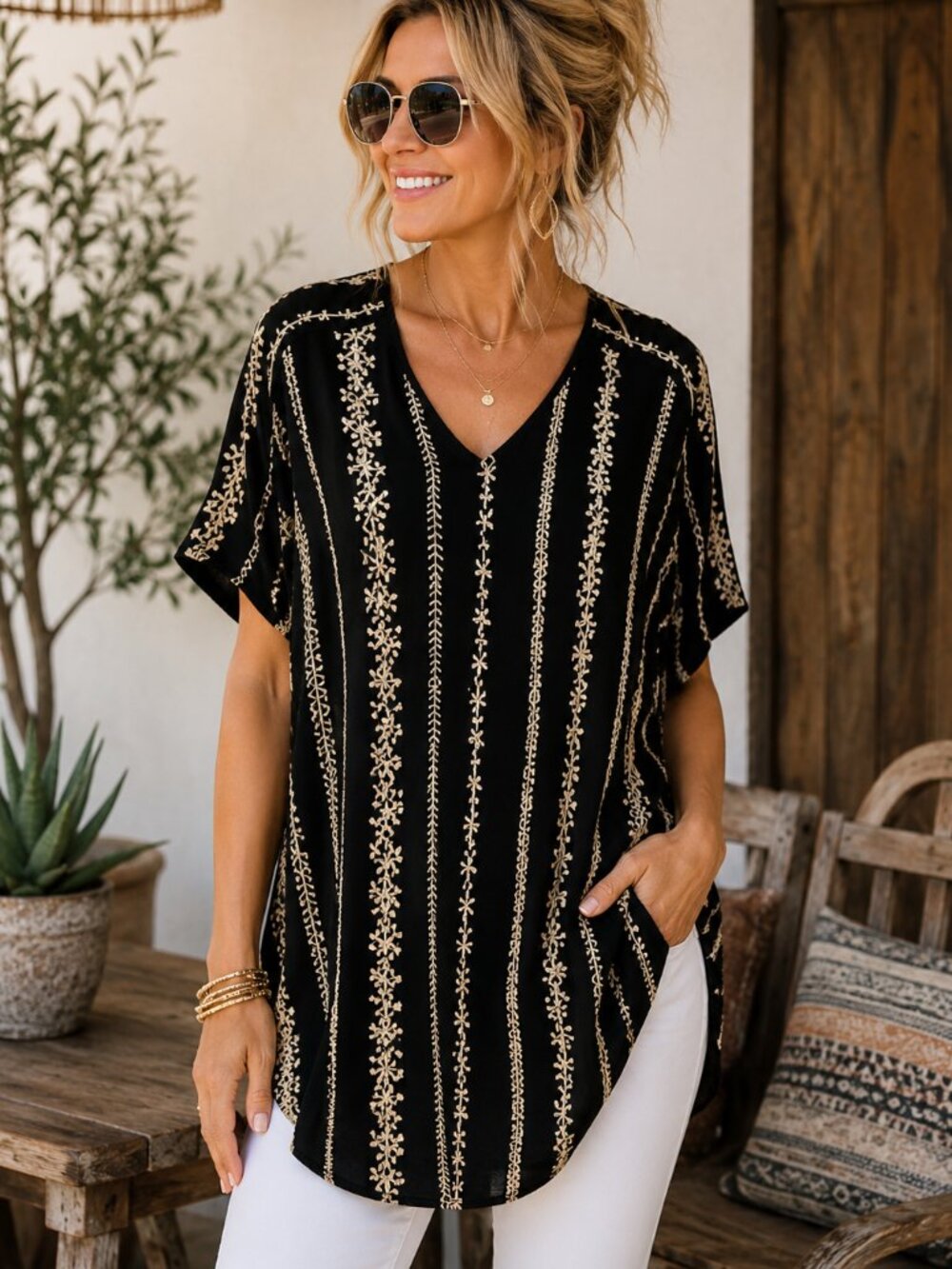 By Together Embroidered Boho Tunic Top Black V-Neck Pocketed USA Made Size Small